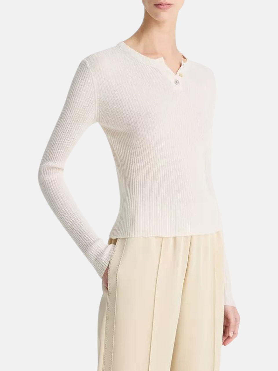 Vince Ribbed Cashmere-Silk Henley Sweater Off-White Damen