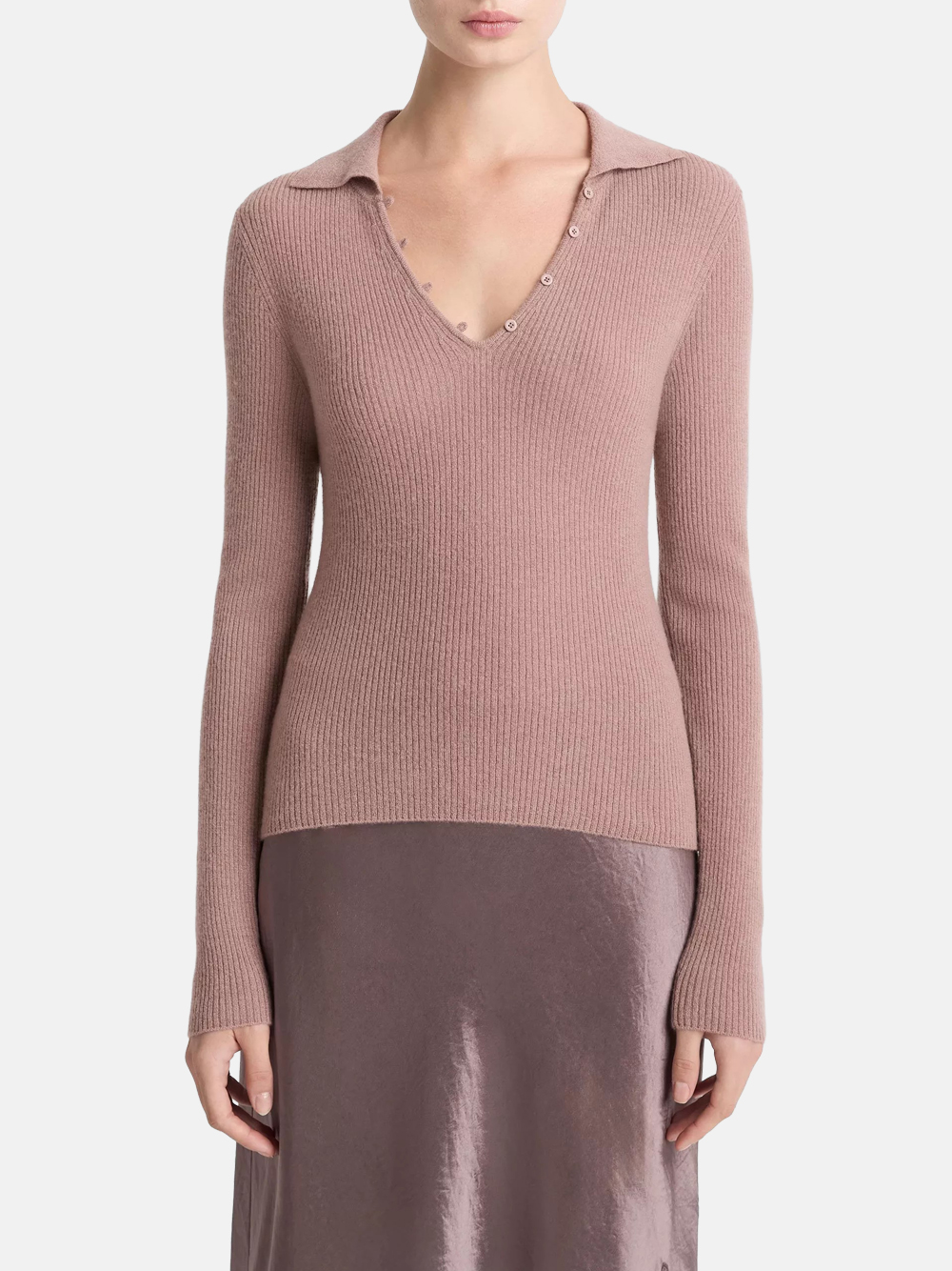 Vince Ribbed Cashmere-Silk Polo Sweater Beetroot Damen Vince Ribbed Cashmere-Silk Polo Sweater Beetroot Damen