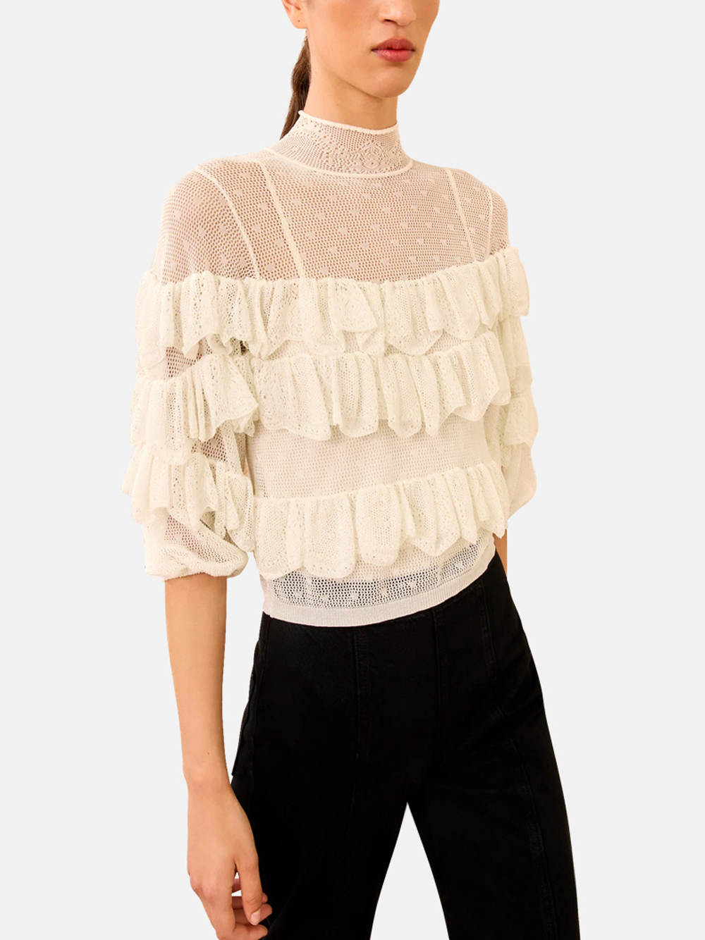 Ulla Johnson Corinna Mock Neck Tiered Ruffle Top Cowrie Women's Top