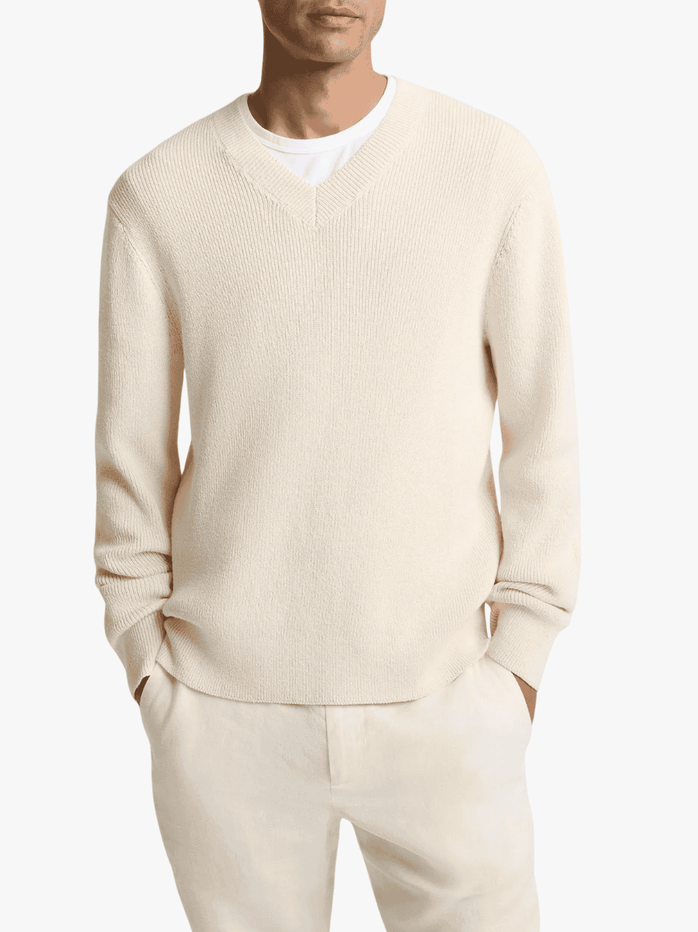 Vince Ribbed Italian Cotton-Blend V-Neck Sweater Classic Cream Herrenpullover