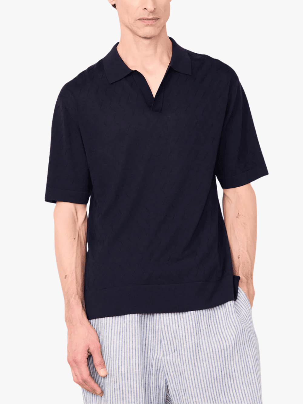 Officine Générale Pele Polo Textured Lyocell Wool Navy Ink Men's
