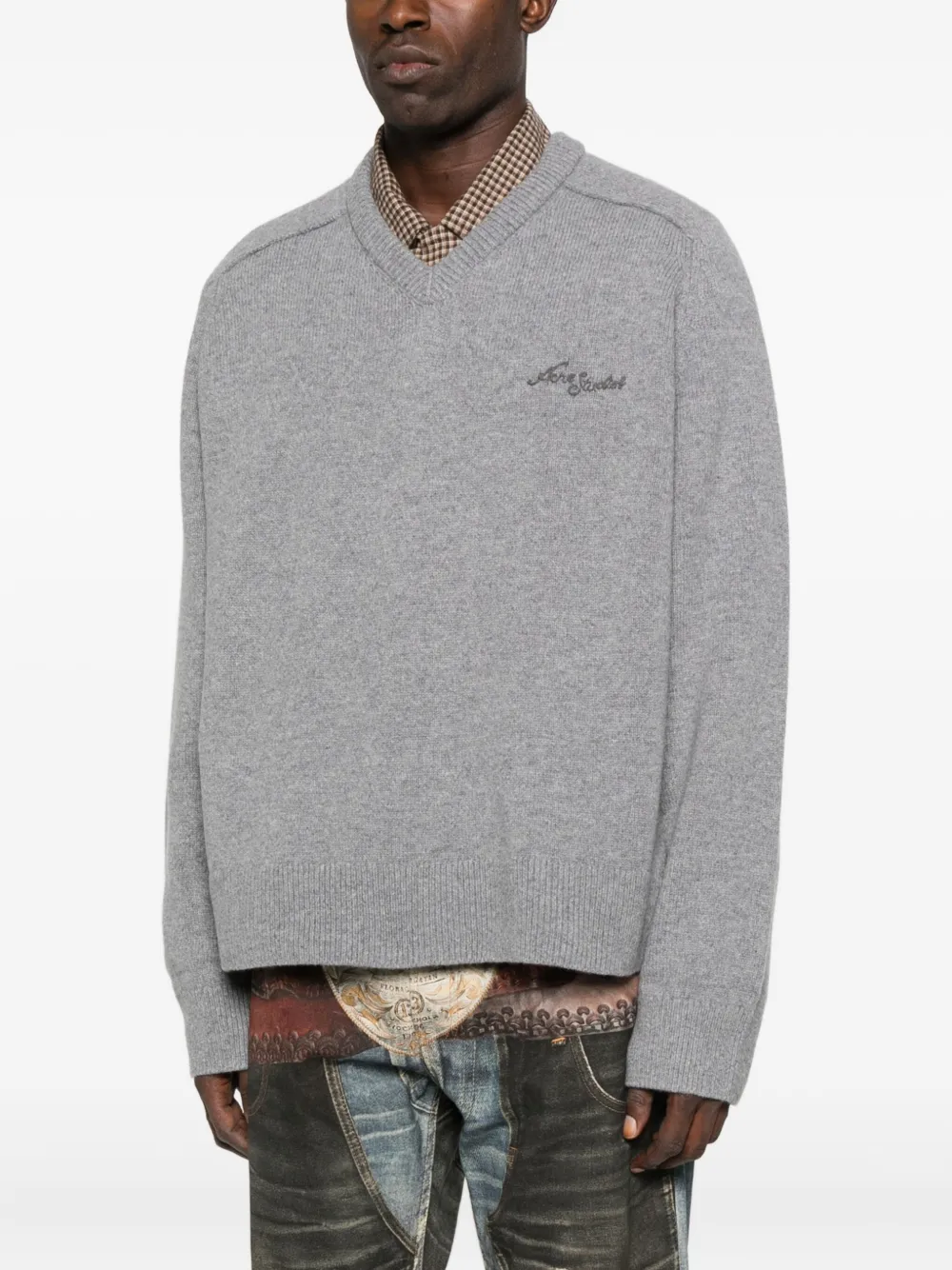 Acne Studios Pullover mit V-Ausschnitt und Stickerei Dunkelgrau Herren