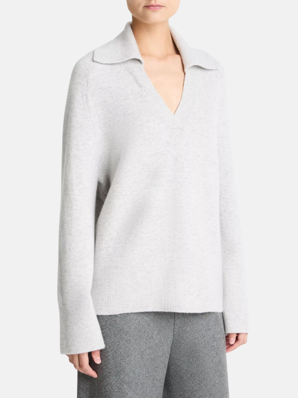 Vince Wool-&-Cashmere Blend Oversized Polo Pullover Hellgrau