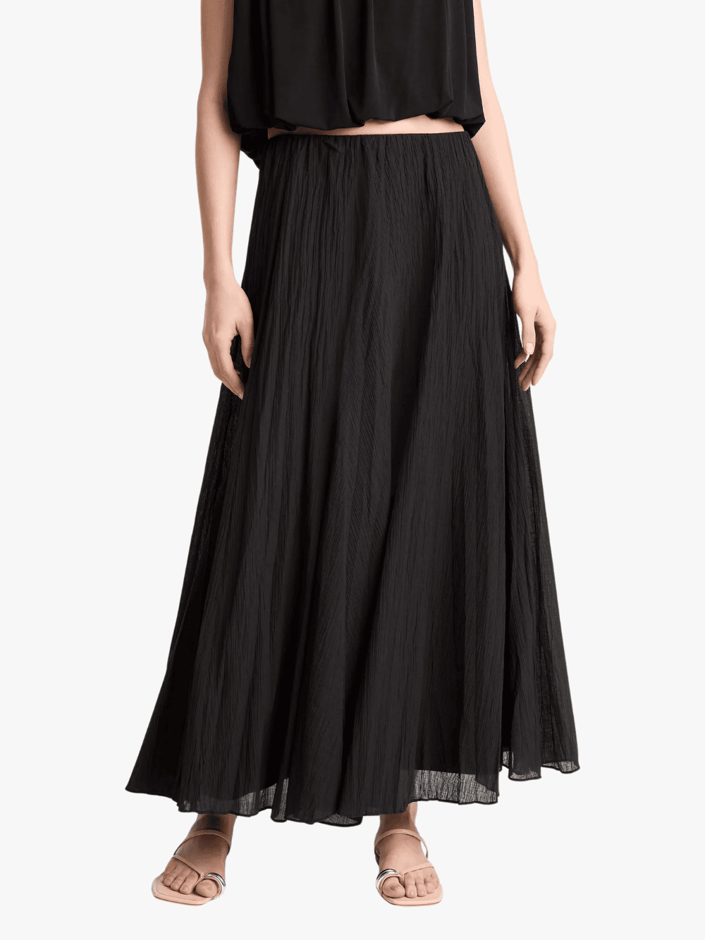 Vince Crinkled Pleated Cotton Blend Maxi Skirt, Black, Women's