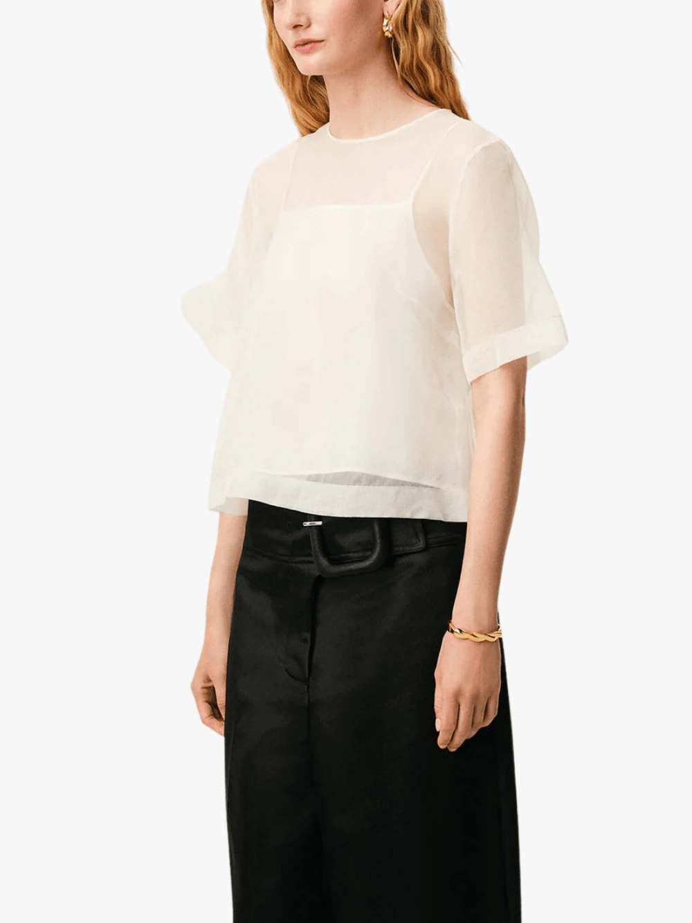 AMI Paris White Silk Short Sleeves Sheer With Undertop Top Weiß Damen Top