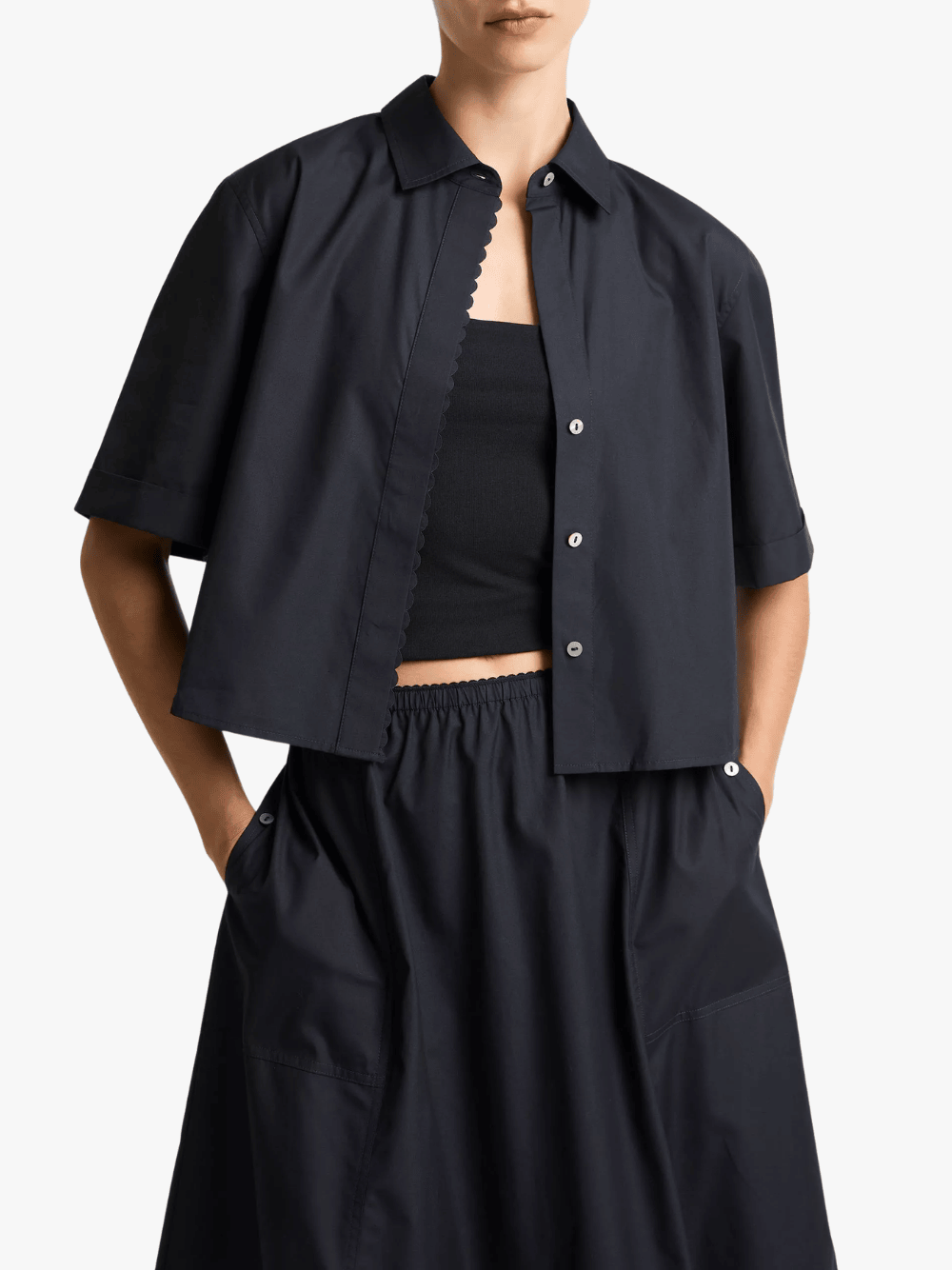 Vince Cotton Blouse with Scallop Detail and Button Placket Eclipse Women's