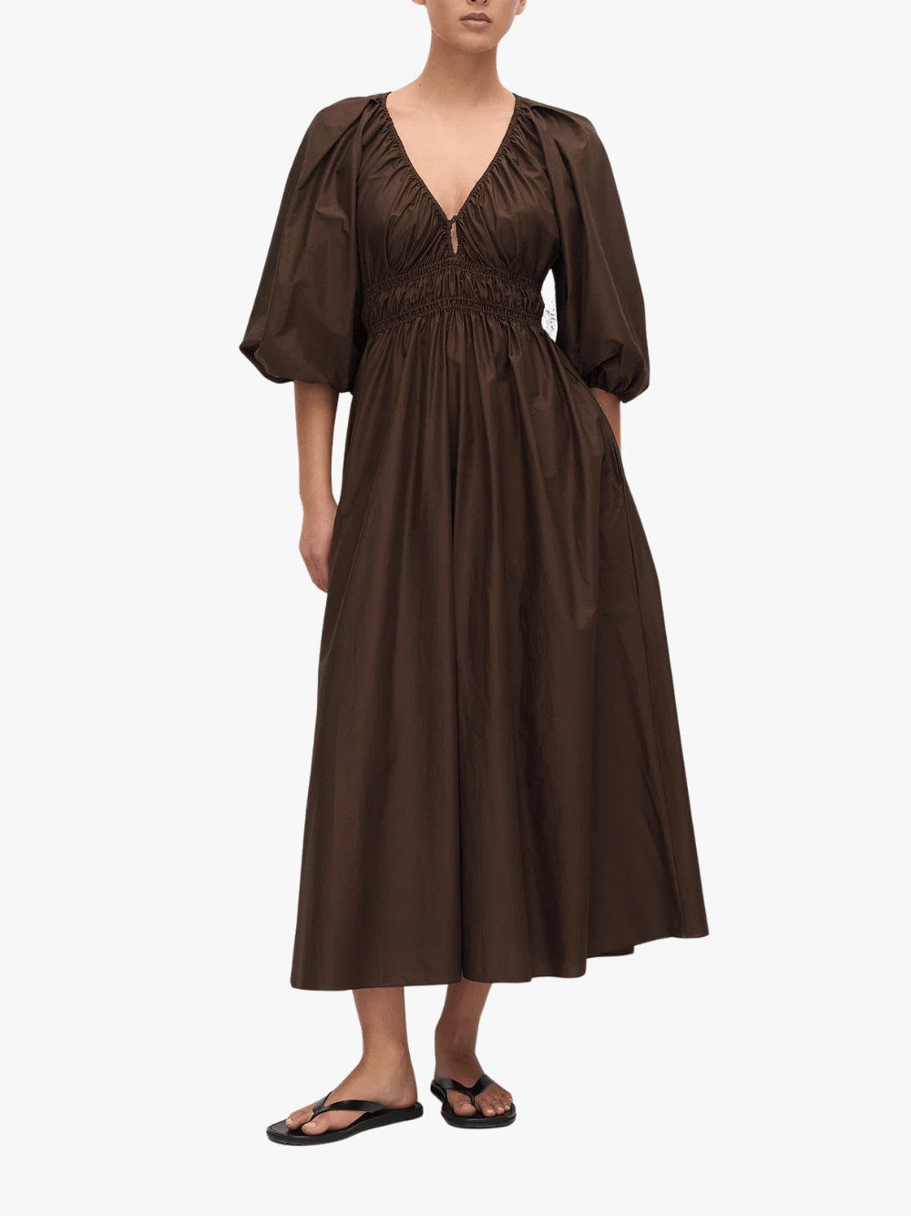 Matteau Shirred Plunge Button Dress, Chocolate, Women's