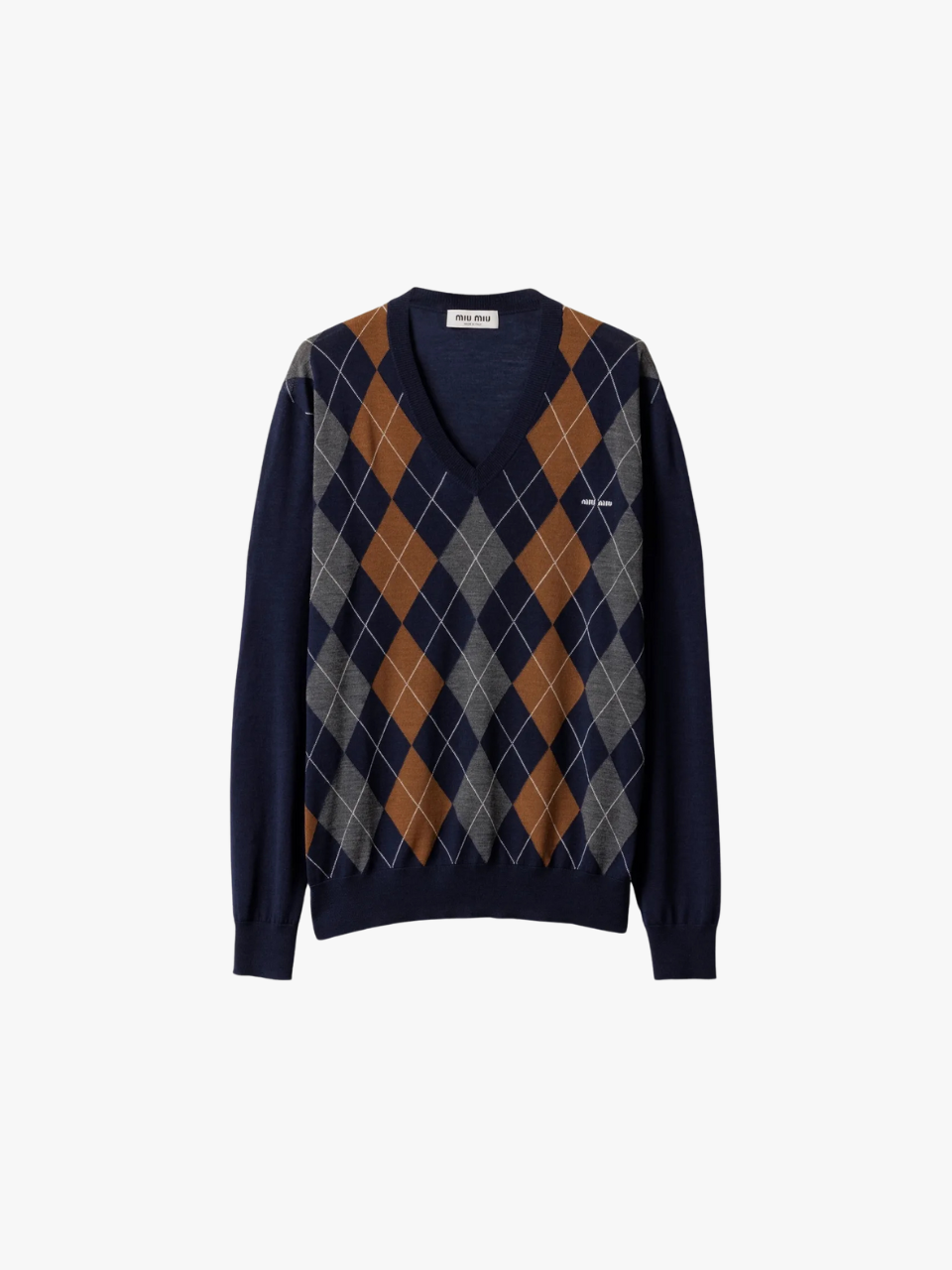 Miu Miu Wool Sweater with V-Neck in Argyle Look Blue Women's