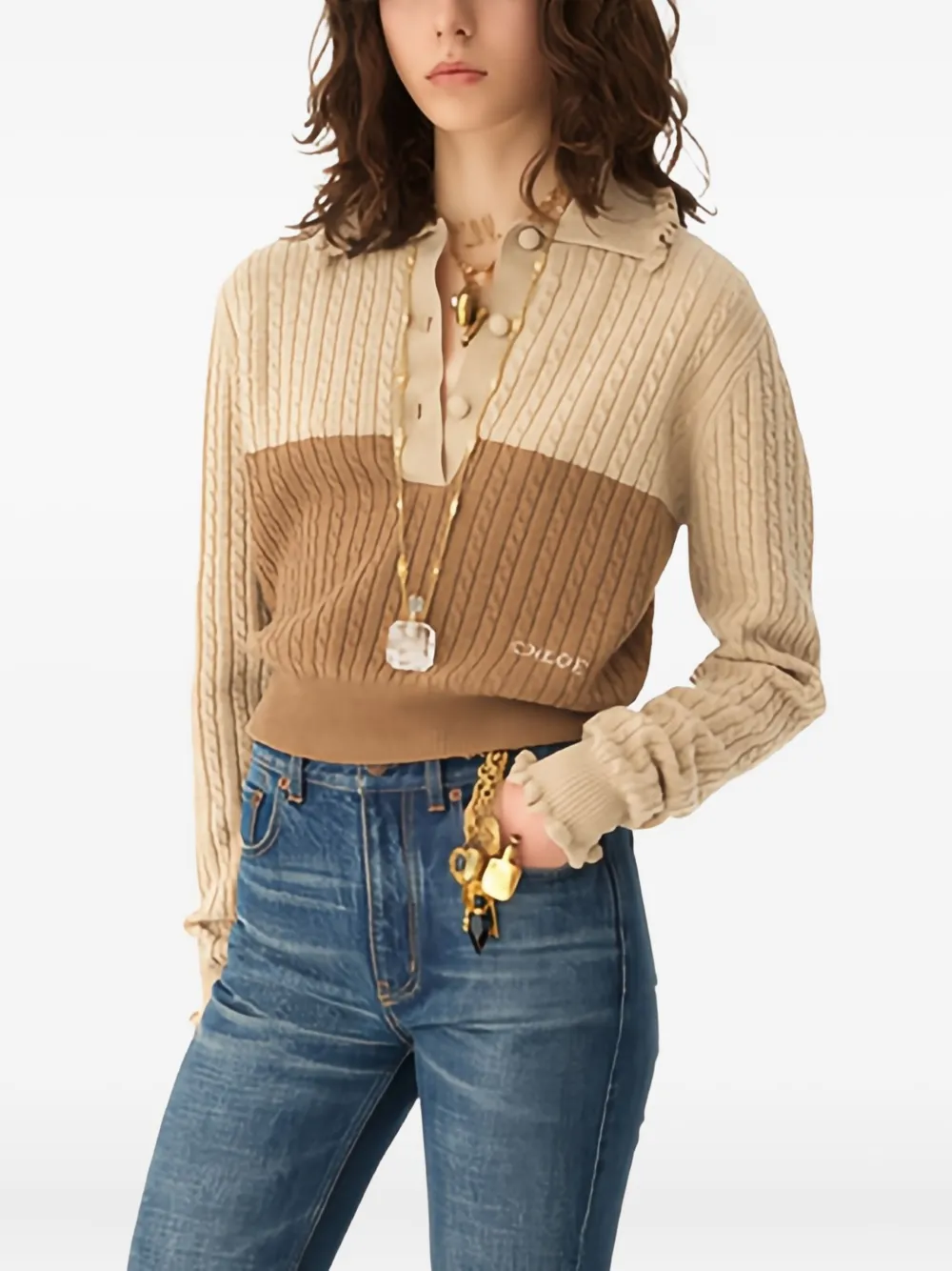 Chloé Two-tone cable knit sweater Beige/Brown Women