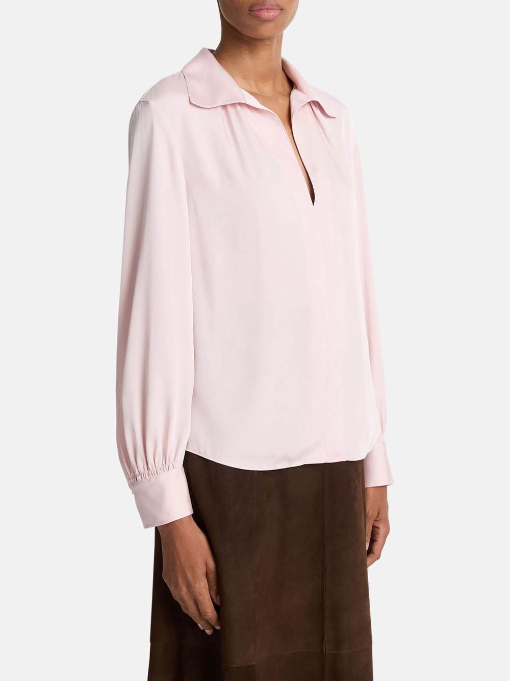 Vince Smocked Seiden-Mix Langarm Bluse Balletto Rosa Damen