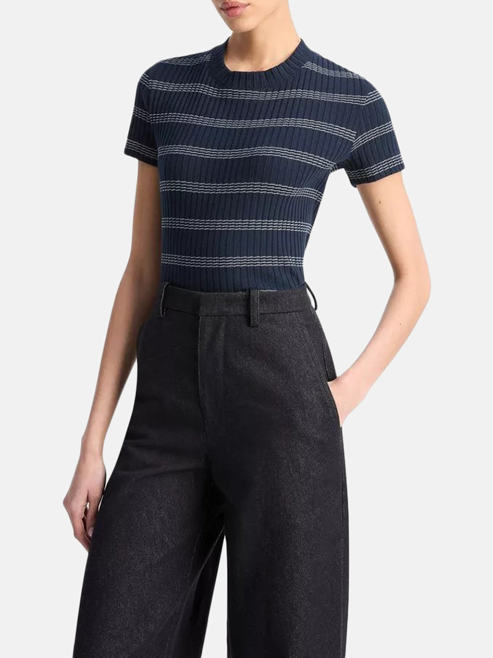 Vince Gestreiftes Top aus gerippter Baumwollmischung Coastal Blue Damen