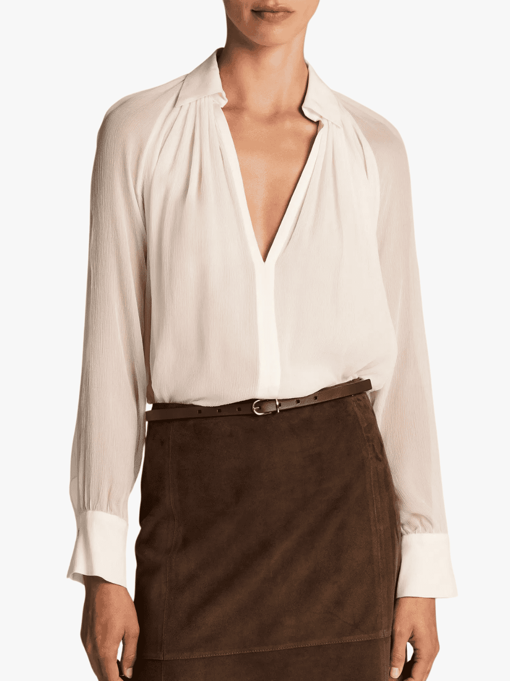 Vince Gathered Sheer Chiffon Collared Blouse Cream Women